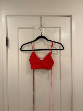 Zara Bright Orange/Red Ribbed Cropped Bralette with Tie Detail